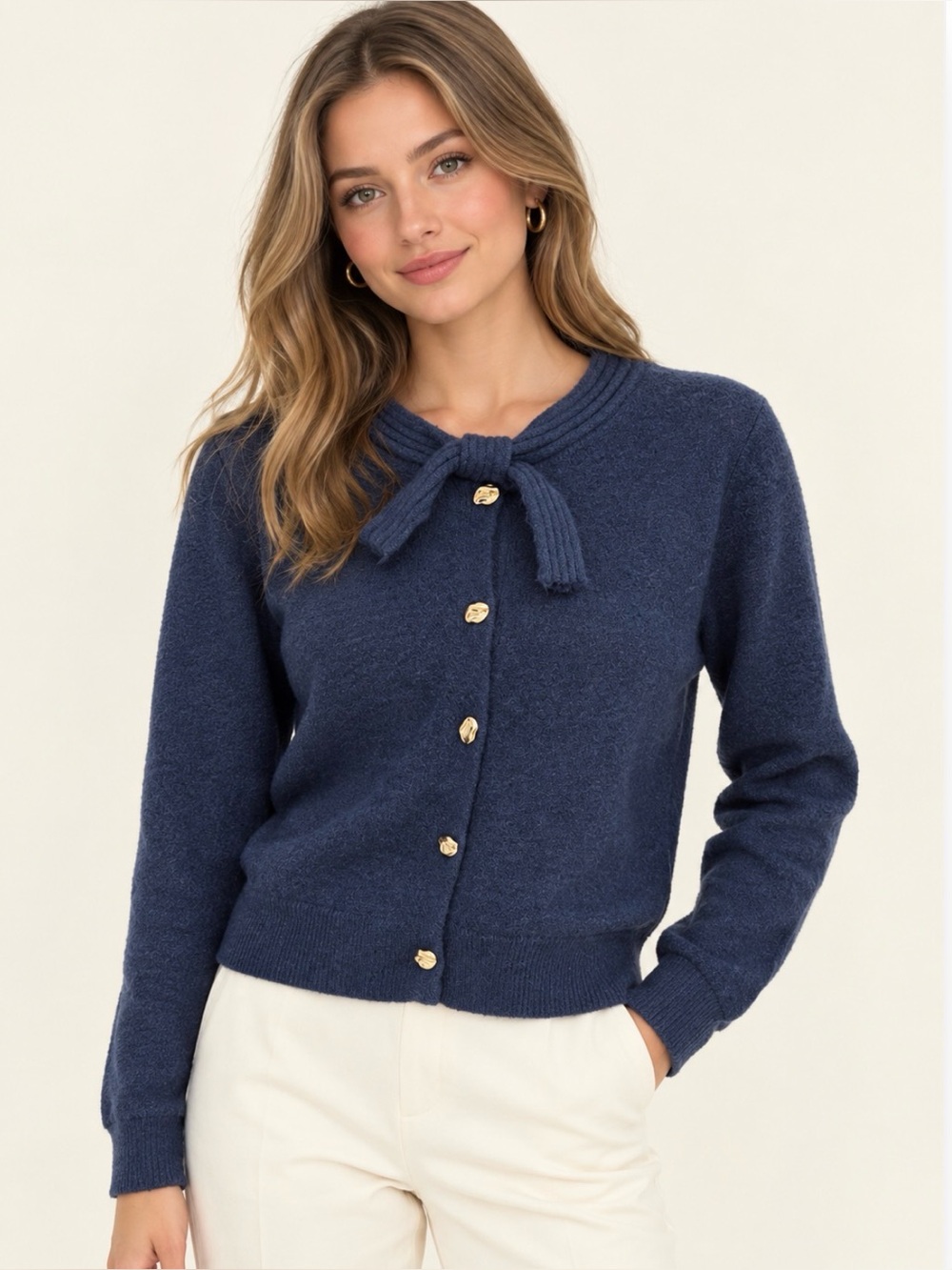 NWT Line & Dot Navy Scarf Tie Bow Cardigan Gold Buttons Sweater L $128
